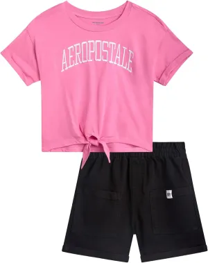AEROPOSTALE Girls Shorts Set - 2 Piece Short Sleeve Graphic Tee and Paperbag Twill or Denim Shorts Outfits for Girls (7-12)