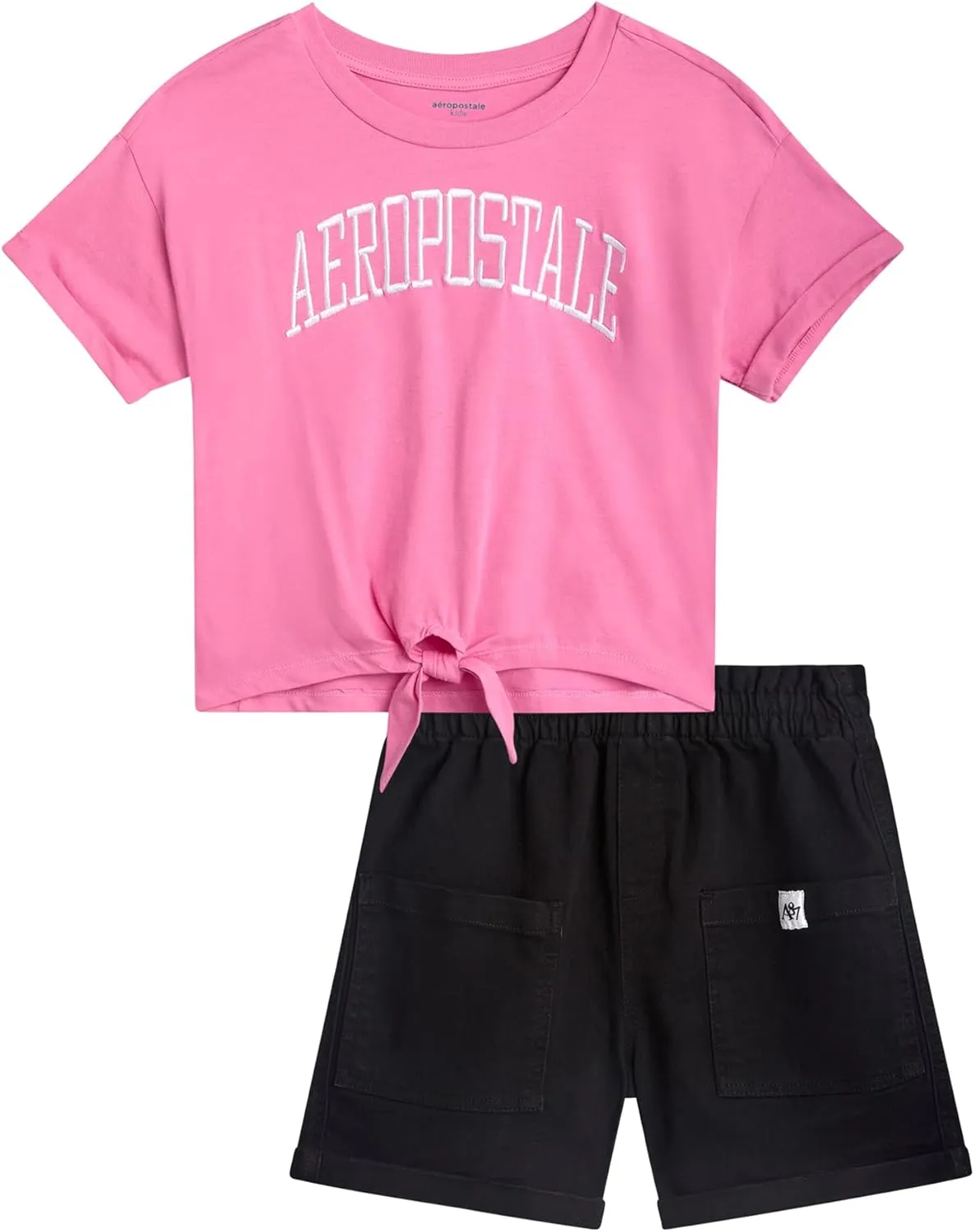 AEROPOSTALE Girls Shorts Set - 2 Piece Short Sleeve Graphic Tee and Paperbag Twill or Denim Shorts Outfits for Girls (7-12)