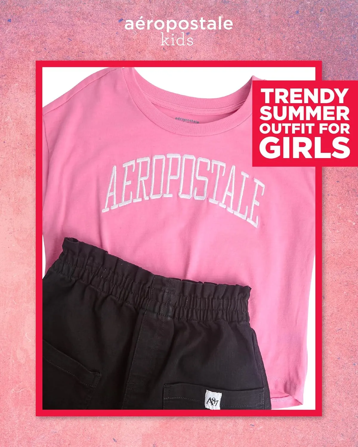 AEROPOSTALE Girls Shorts Set - 2 Piece Short Sleeve Graphic Tee and Paperbag Twill or Denim Shorts Outfits for Girls (7-12)