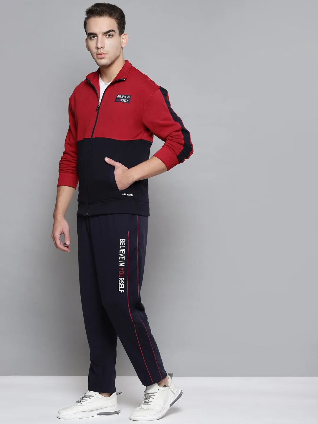 Alcis Men Red Navy Blue Colourblocked Tracksuit