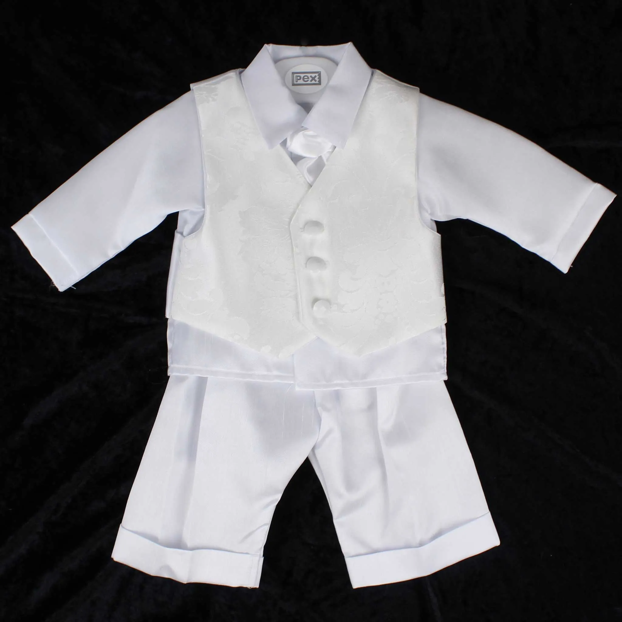 Baby Boys Christening Suit With Shirt, Trousers, Waistcoat and Tie - White & Ivory