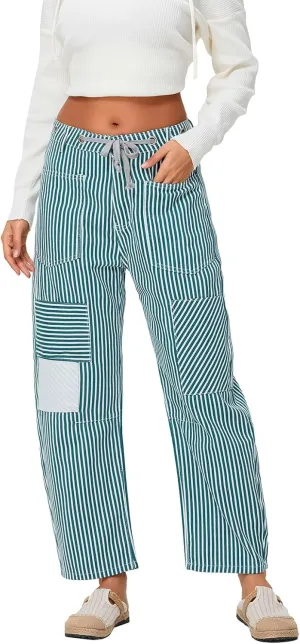 Baggy Barrel Jeans for Women Y2k Striped Drawstring High Waist Straight Wide Leg Boyfriend Jeans Mom Denim Pants