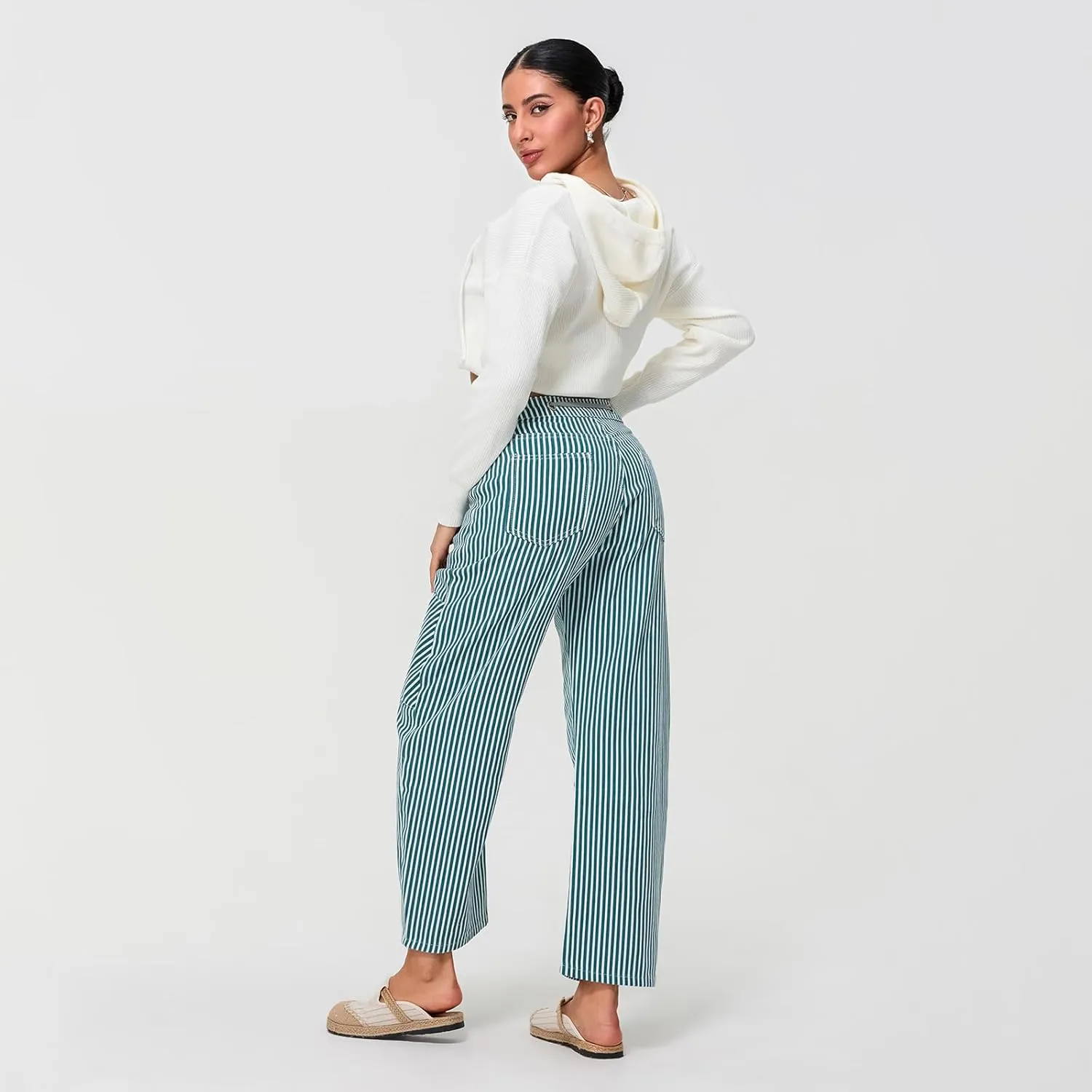 Baggy Barrel Jeans for Women Y2k Striped Drawstring High Waist Straight Wide Leg Boyfriend Jeans Mom Denim Pants