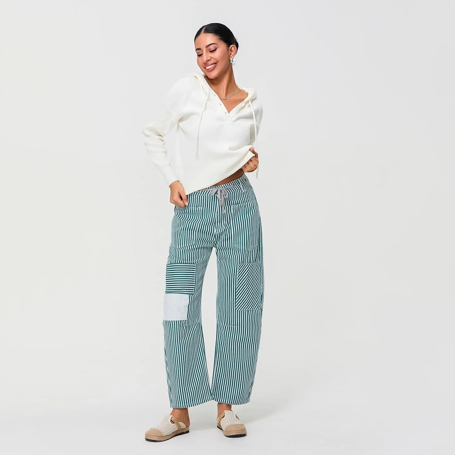 Baggy Barrel Jeans for Women Y2k Striped Drawstring High Waist Straight Wide Leg Boyfriend Jeans Mom Denim Pants