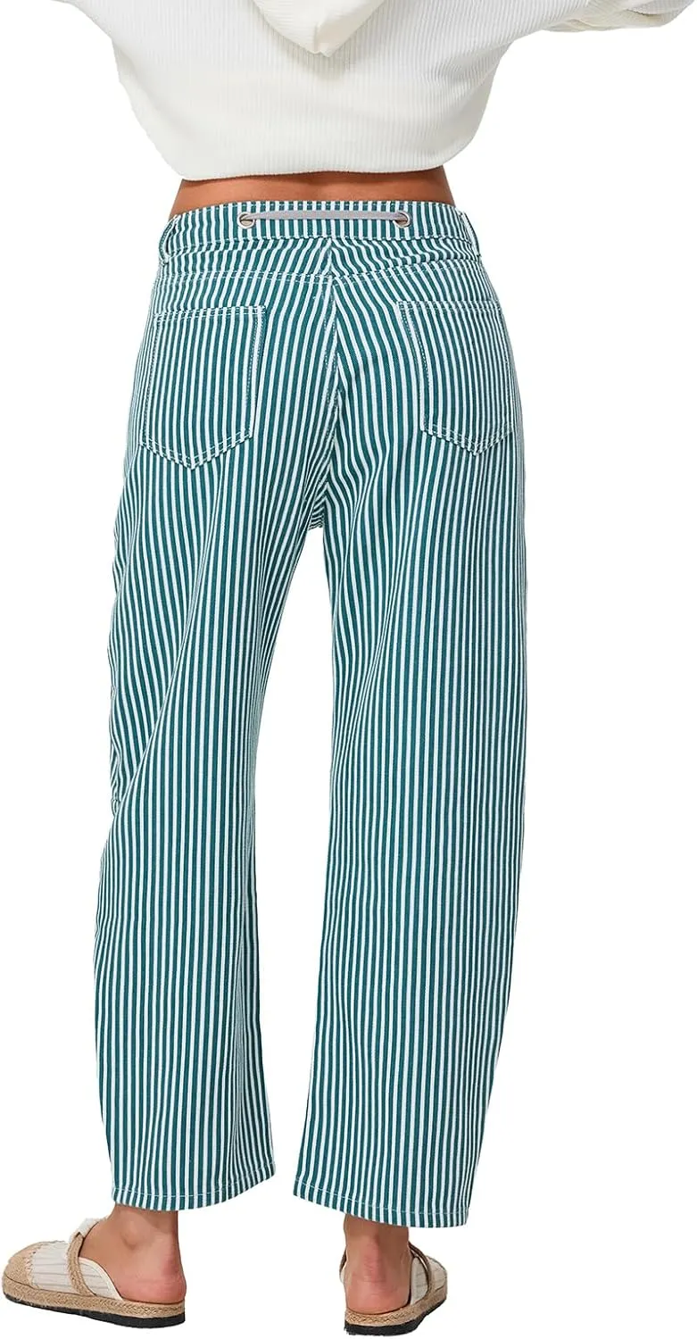 Baggy Barrel Jeans for Women Y2k Striped Drawstring High Waist Straight Wide Leg Boyfriend Jeans Mom Denim Pants