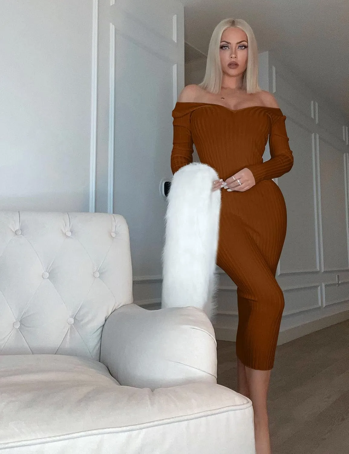 BEAGIMEG Women's Sexy Long Sleeve Off Shoulder Knit Bodycon Long Dress
