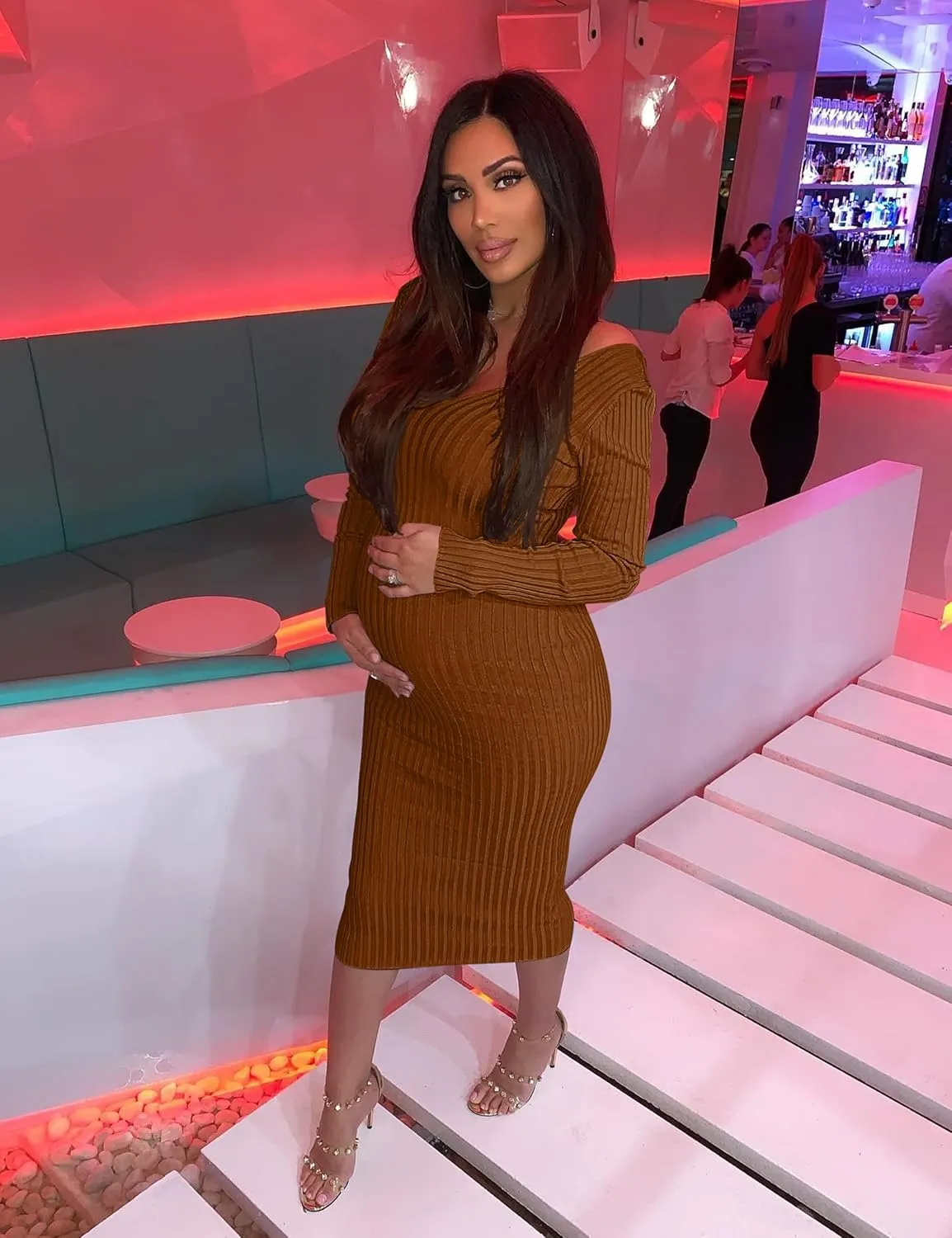 BEAGIMEG Women's Sexy Long Sleeve Off Shoulder Knit Bodycon Long Dress
