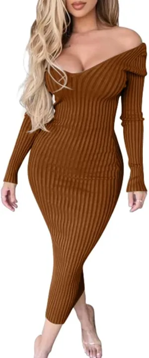 BEAGIMEG Women's Sexy Long Sleeve Off Shoulder Knit Bodycon Long Dress
