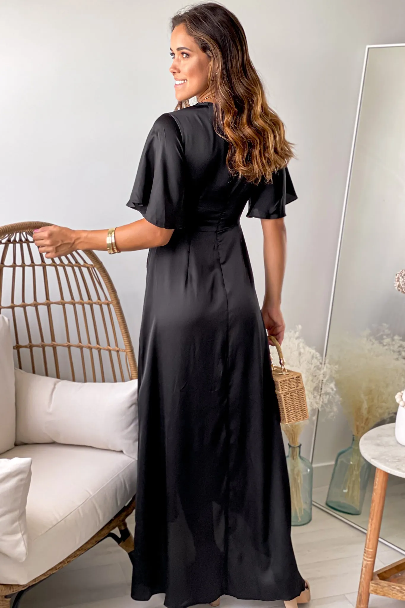 Black Satin Twist Front High Low Dress
