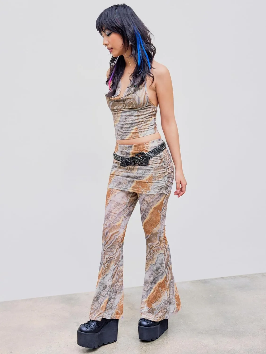 CIDER Low Rise Abstract Ruched Flared Trousers
