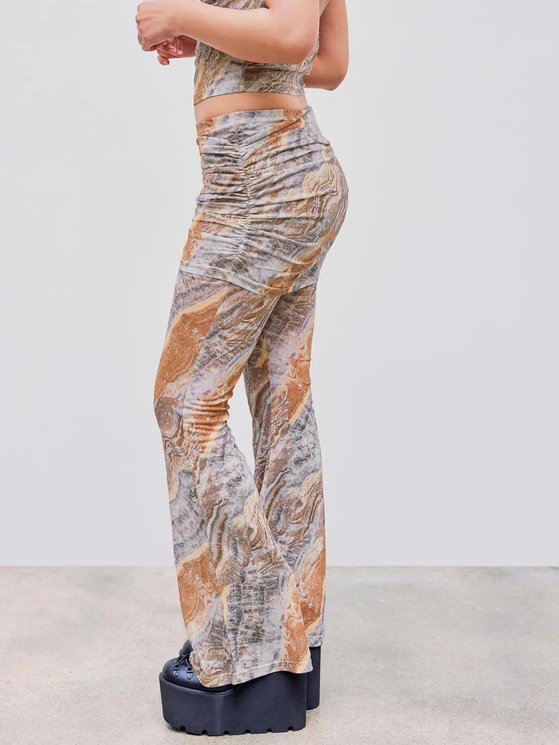 CIDER Low Rise Abstract Ruched Flared Trousers