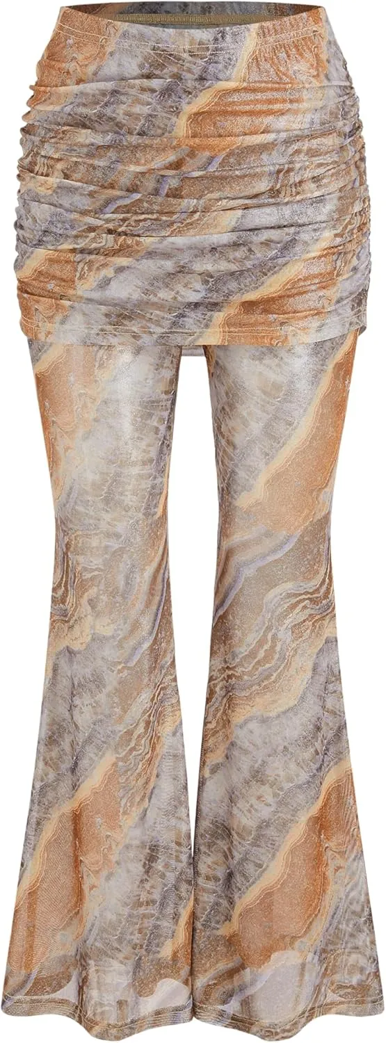 CIDER Low Rise Abstract Ruched Flared Trousers