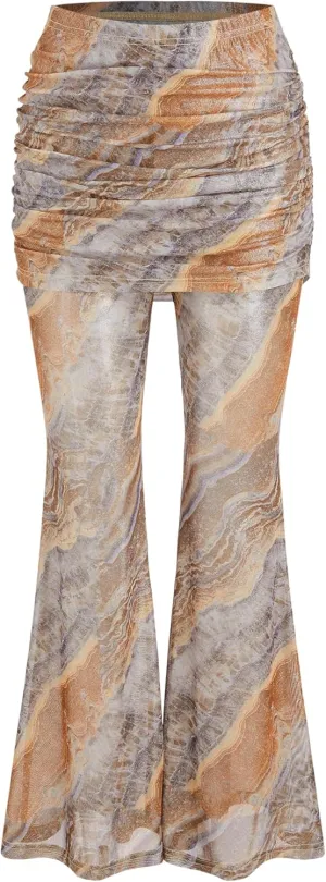 CIDER Low Rise Abstract Ruched Flared Trousers