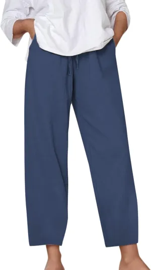 Cotton Linen Capri Pants for Women Baggy Summer Wide Leg Casual Loose Drawstring Palazzo Cropped Pants with Pockets