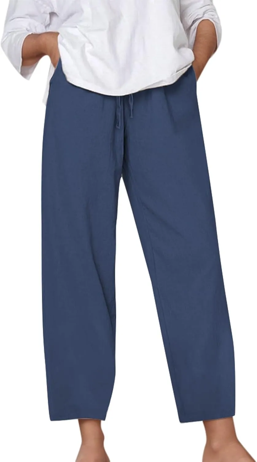 Cotton Linen Capri Pants for Women Baggy Summer Wide Leg Casual Loose Drawstring Palazzo Cropped Pants with Pockets