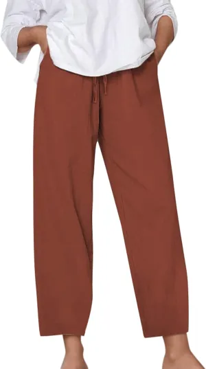 Cotton Linen Capri Pants for Women Baggy Summer Wide Leg Casual Loose Drawstring Palazzo Cropped Pants with Pockets