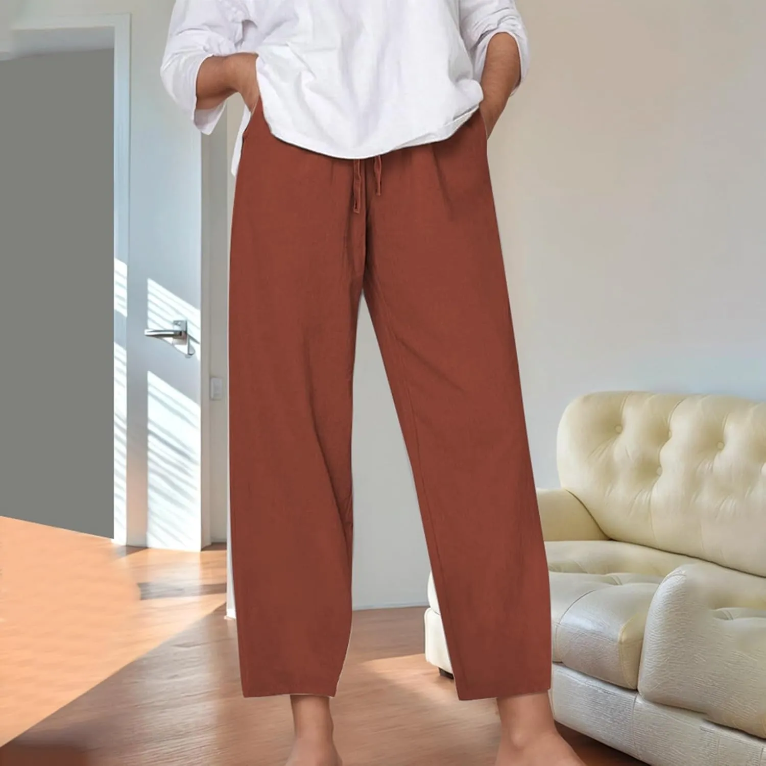 Cotton Linen Capri Pants for Women Baggy Summer Wide Leg Casual Loose Drawstring Palazzo Cropped Pants with Pockets