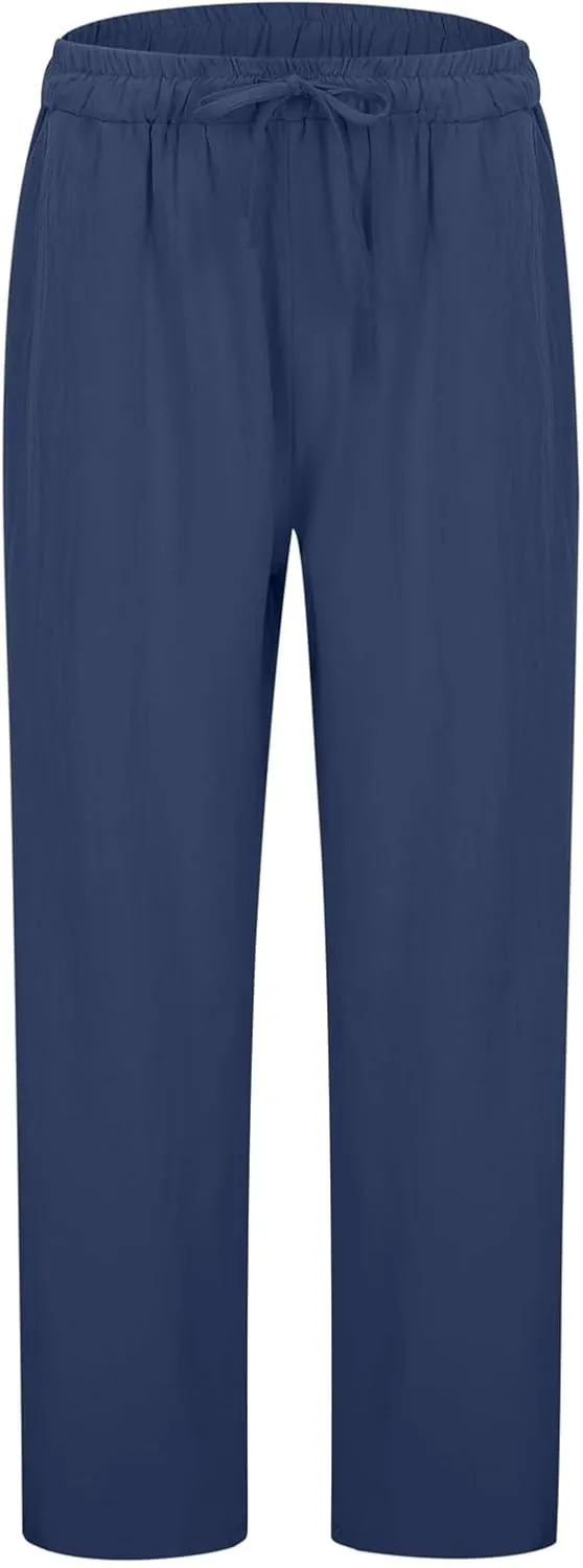 Cotton Linen Capri Pants for Women Baggy Summer Wide Leg Casual Loose Drawstring Palazzo Cropped Pants with Pockets