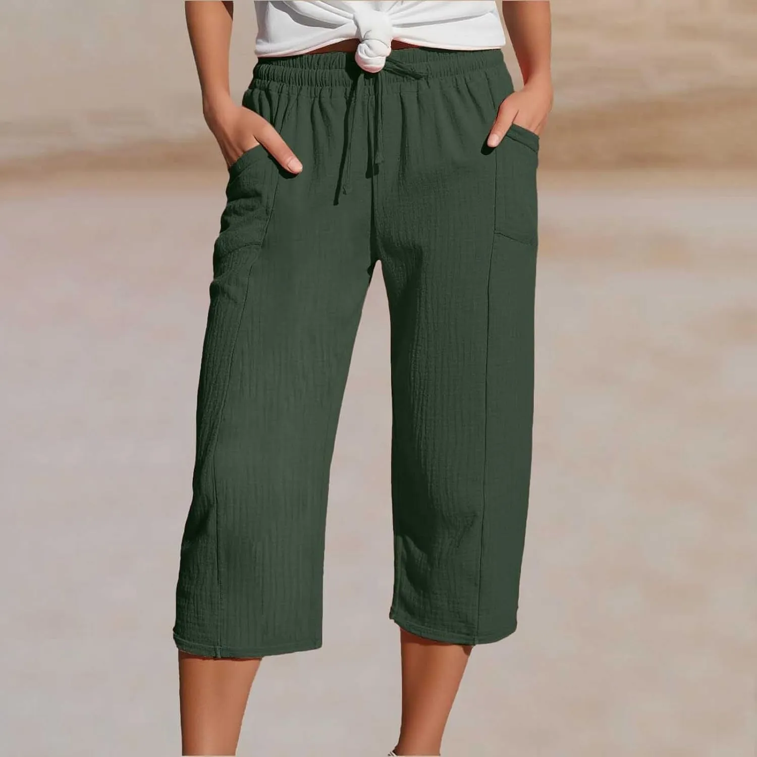 Cotton Linen Pants for Women 2025 Wide Leg Cropped Lounge Trousers Drawstring Elastic Waist Beach Pants Summer Outfits
