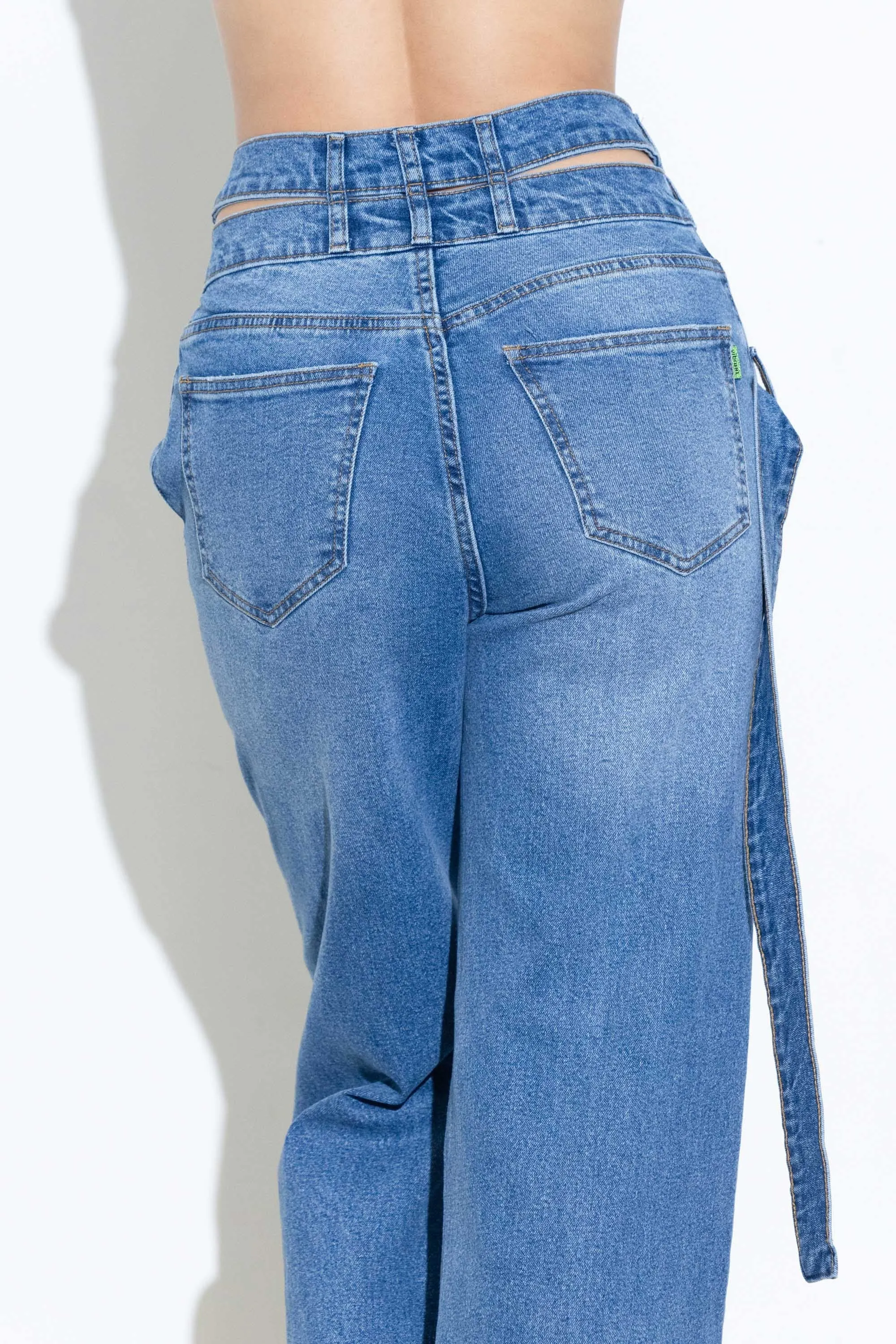 Crossed Waist Line Long Belted Wide Jeans