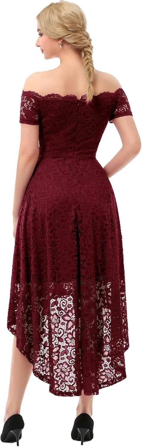 Dressystar Women's Lace Cocktail Dress Hi-Lo Off Shoulder Bridesmaid Swing Formal Party Dress