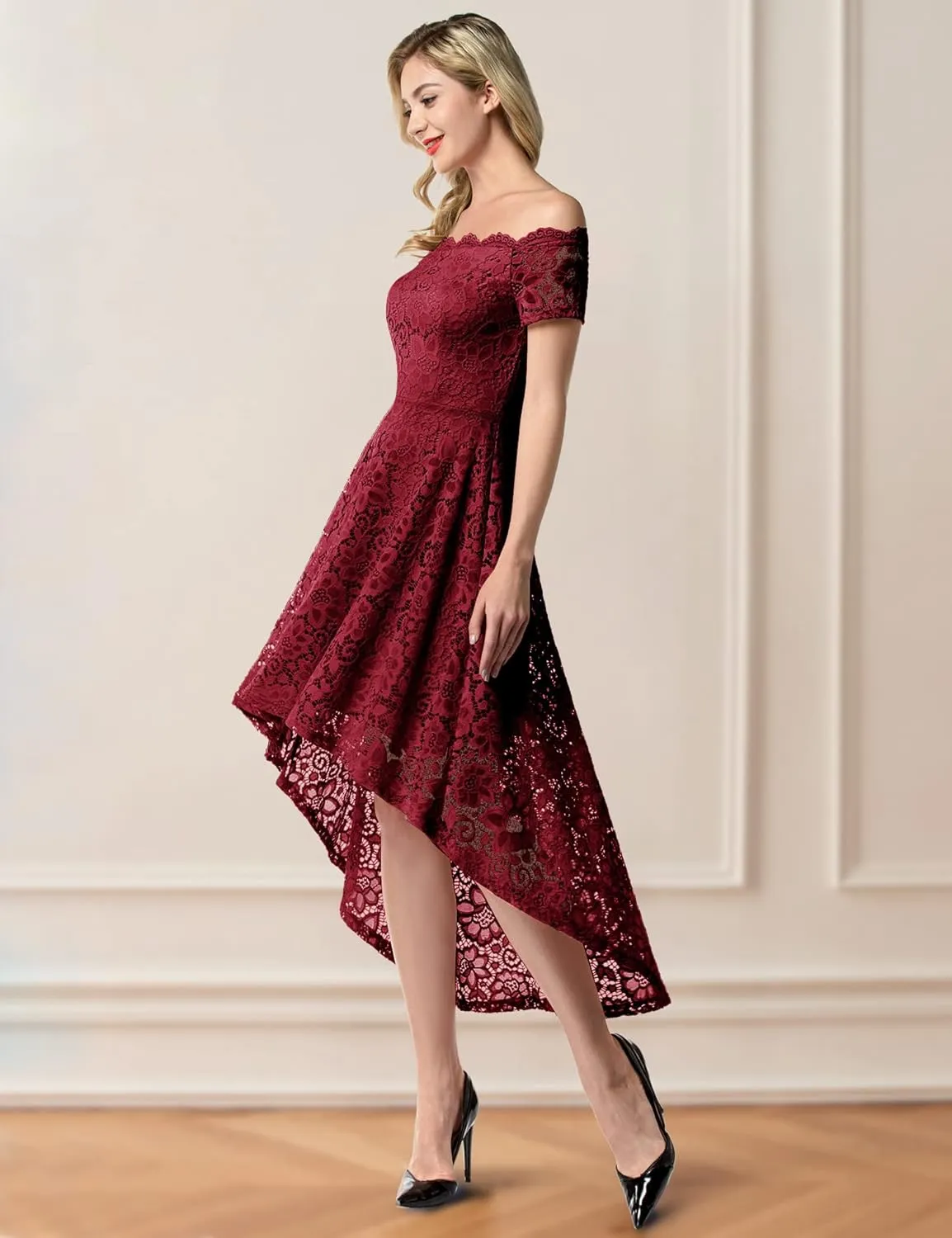 Dressystar Women's Lace Cocktail Dress Hi-Lo Off Shoulder Bridesmaid Swing Formal Party Dress