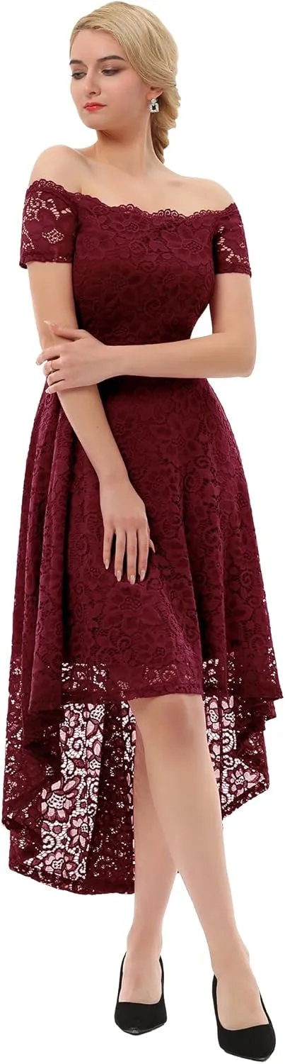 Dressystar Women's Lace Cocktail Dress Hi-Lo Off Shoulder Bridesmaid Swing Formal Party Dress