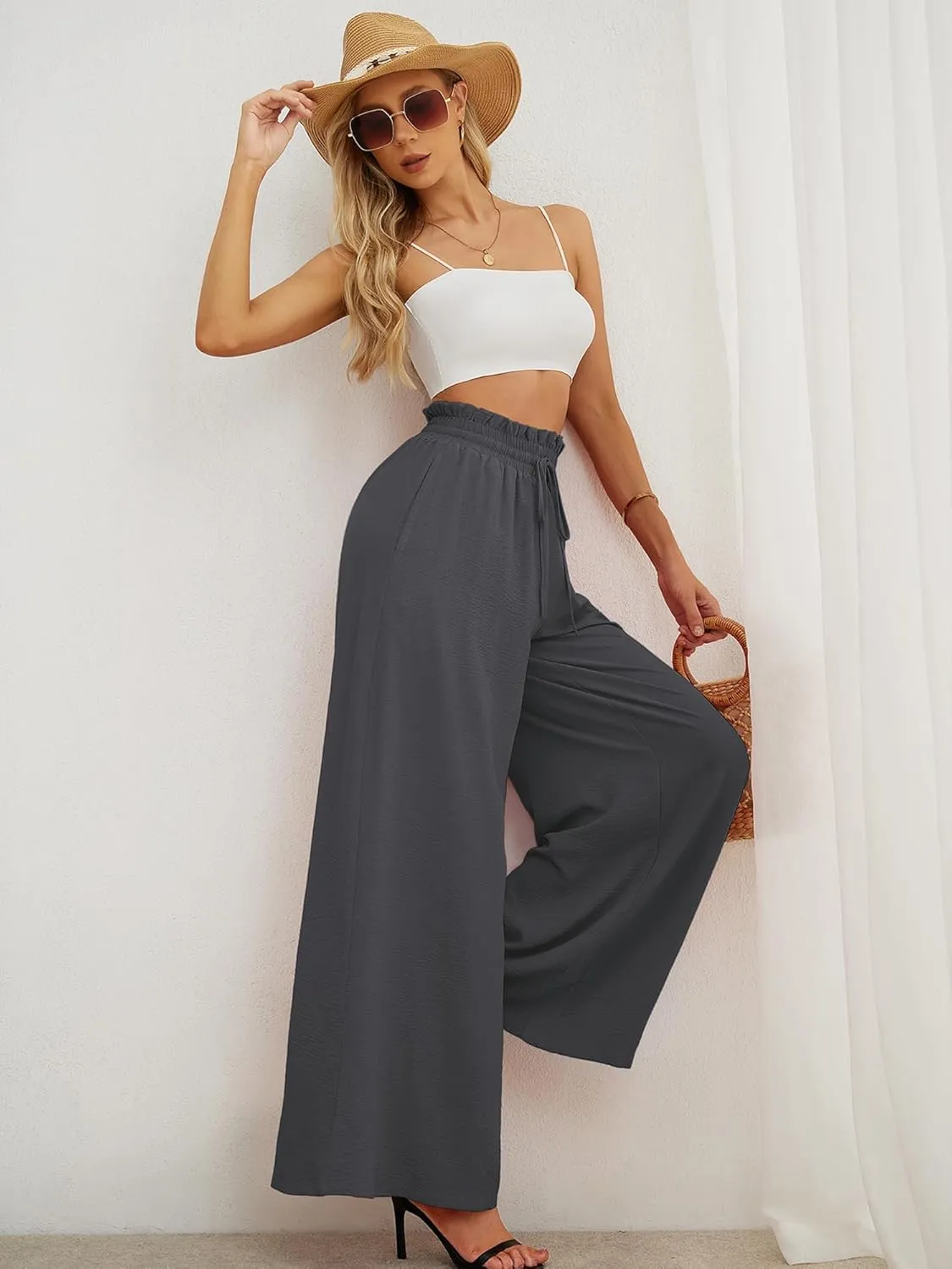 Heymoments Women's Wide Leg Lounge Pants Lightweight High Waisted Adjustable Tie Knot Loose Trousers with Pockets
