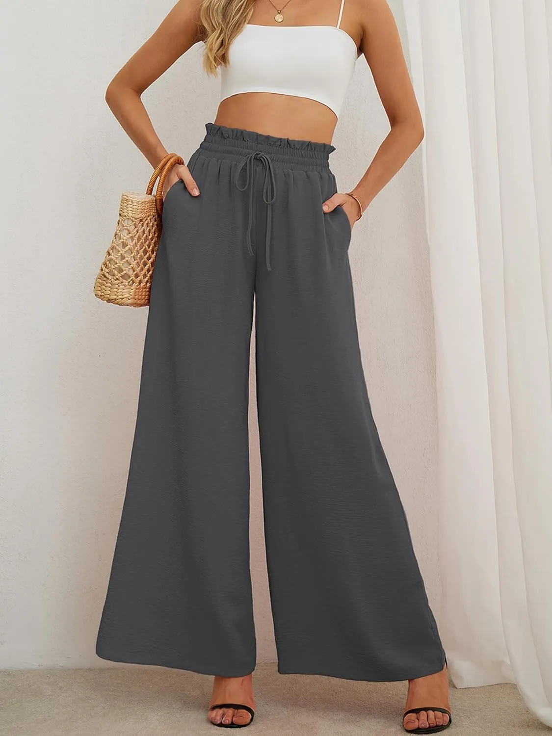 Heymoments Women's Wide Leg Lounge Pants Lightweight High Waisted Adjustable Tie Knot Loose Trousers with Pockets