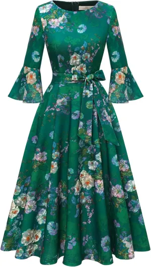HomRain Women's Church Dresses for 2025 Wedding Guest Cocktail Tea Party Bell Sleeve Vintage Evening Graduation Dress