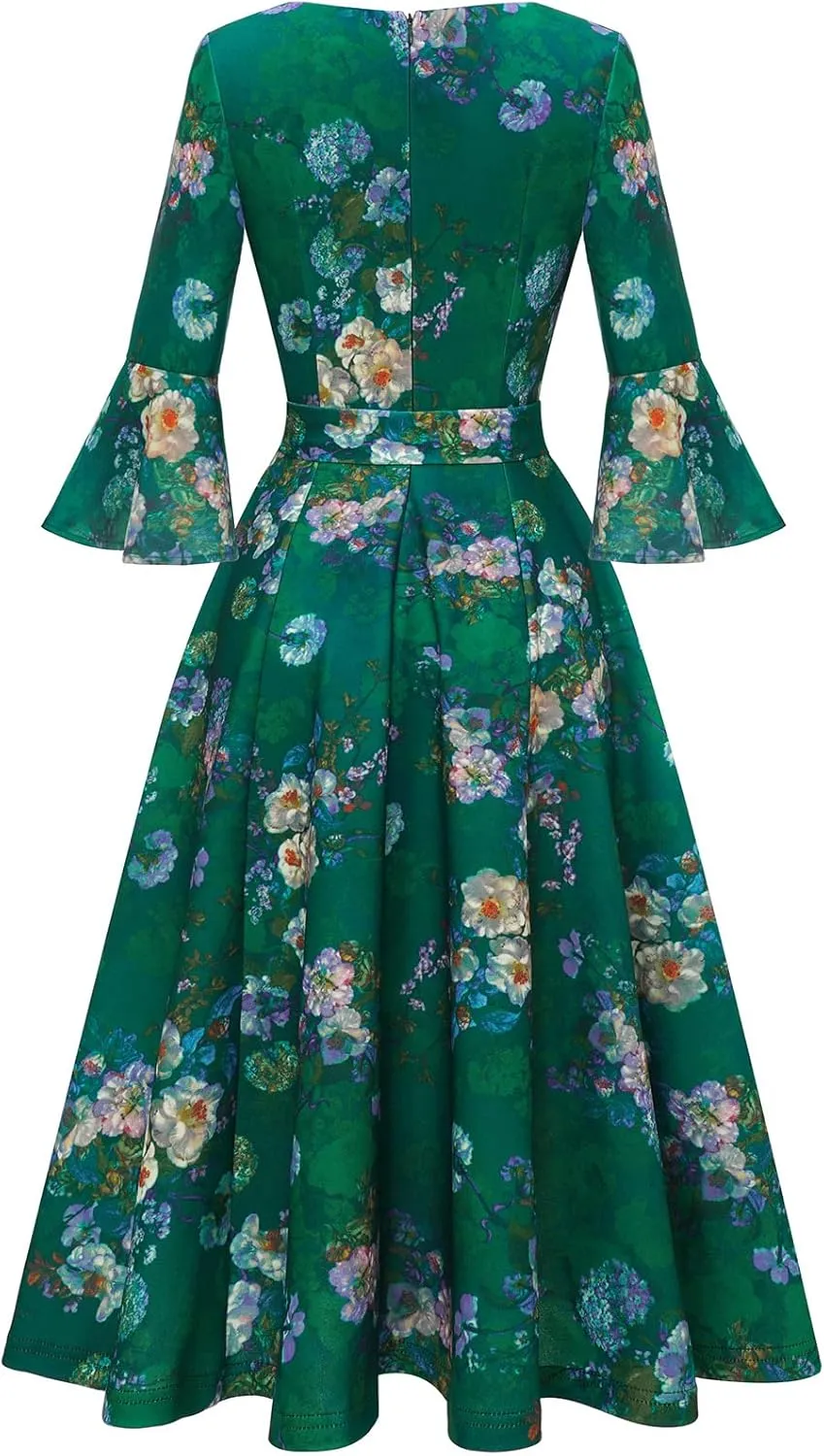 HomRain Women's Church Dresses for 2025 Wedding Guest Cocktail Tea Party Bell Sleeve Vintage Evening Graduation Dress