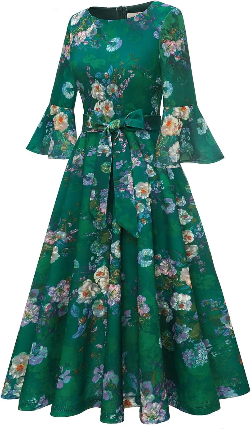 HomRain Women's Church Dresses for 2025 Wedding Guest Cocktail Tea Party Bell Sleeve Vintage Evening Graduation Dress
