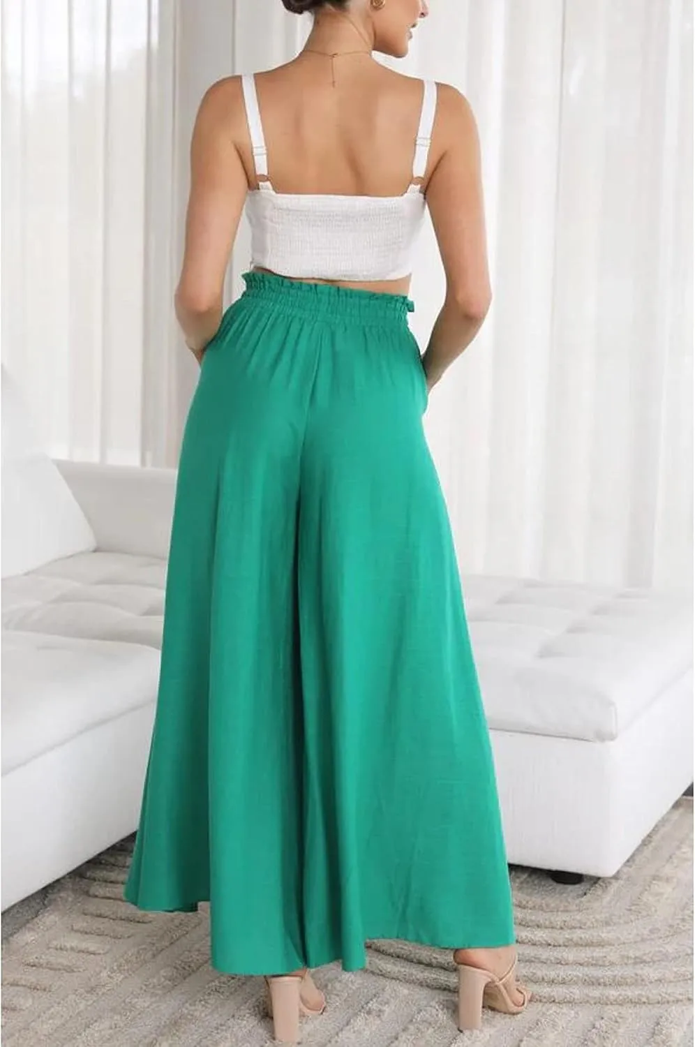 Hooever Women's Wide Leg Pants Flowy Drape Ruffle Drawstring Waist Palazzo Pants