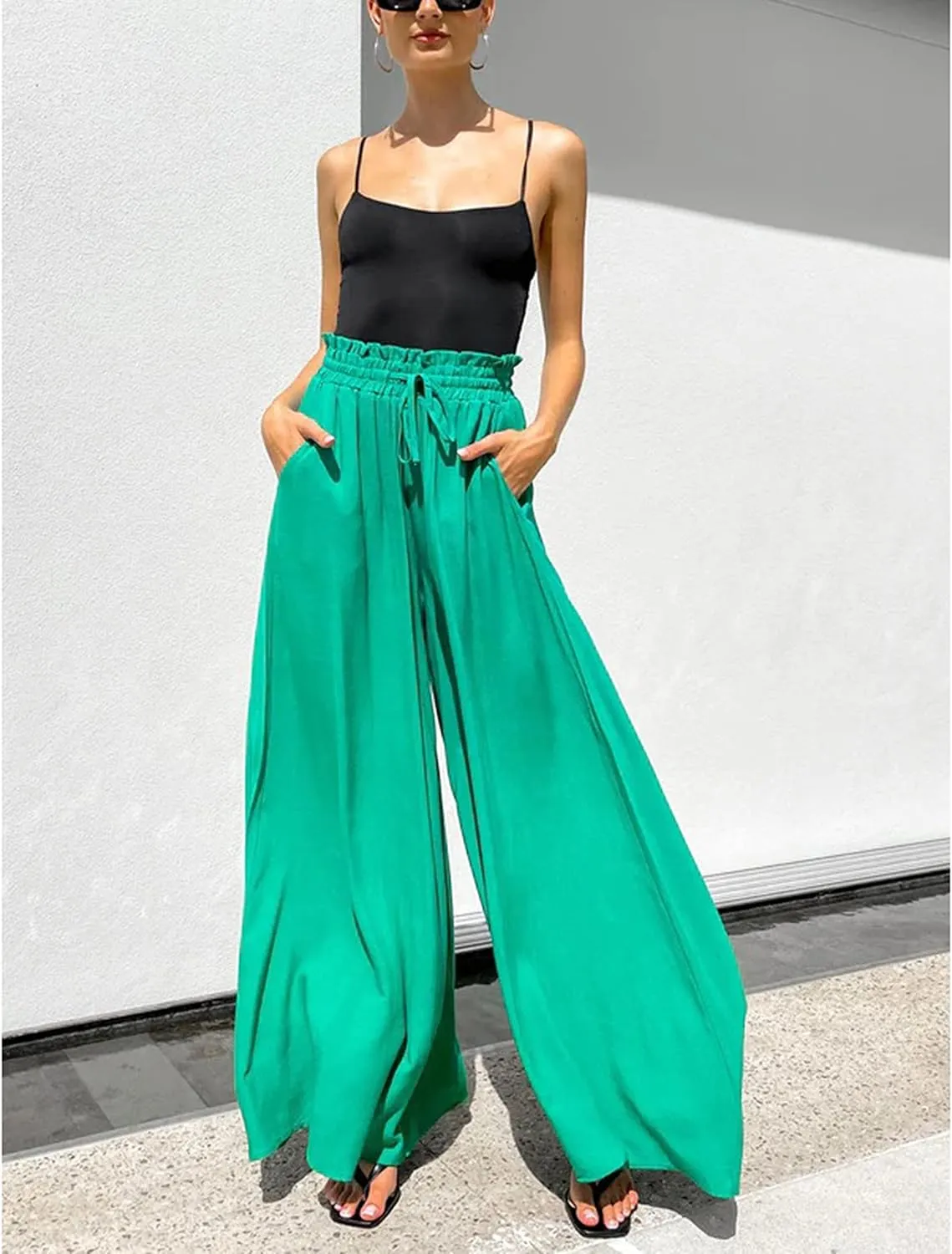 Hooever Women's Wide Leg Pants Flowy Drape Ruffle Drawstring Waist Palazzo Pants