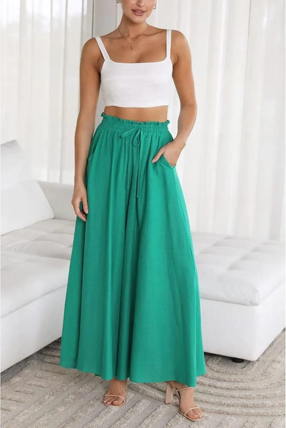 Hooever Women's Wide Leg Pants Flowy Drape Ruffle Drawstring Waist Palazzo Pants