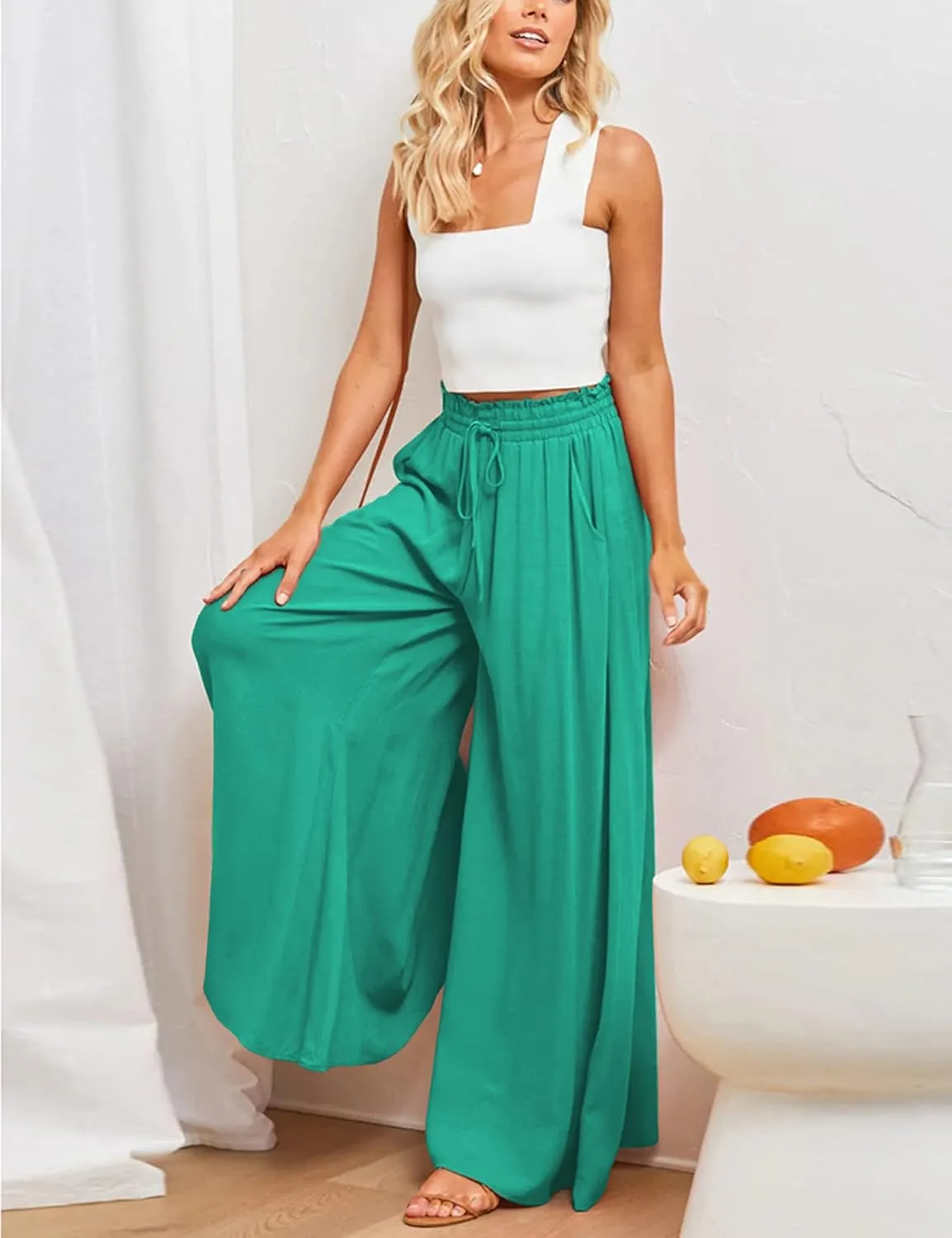Hooever Women's Wide Leg Pants Flowy Drape Ruffle Drawstring Waist Palazzo Pants
