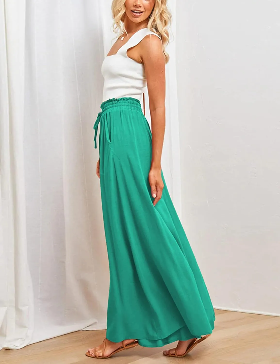 Hooever Women's Wide Leg Pants Flowy Drape Ruffle Drawstring Waist Palazzo Pants