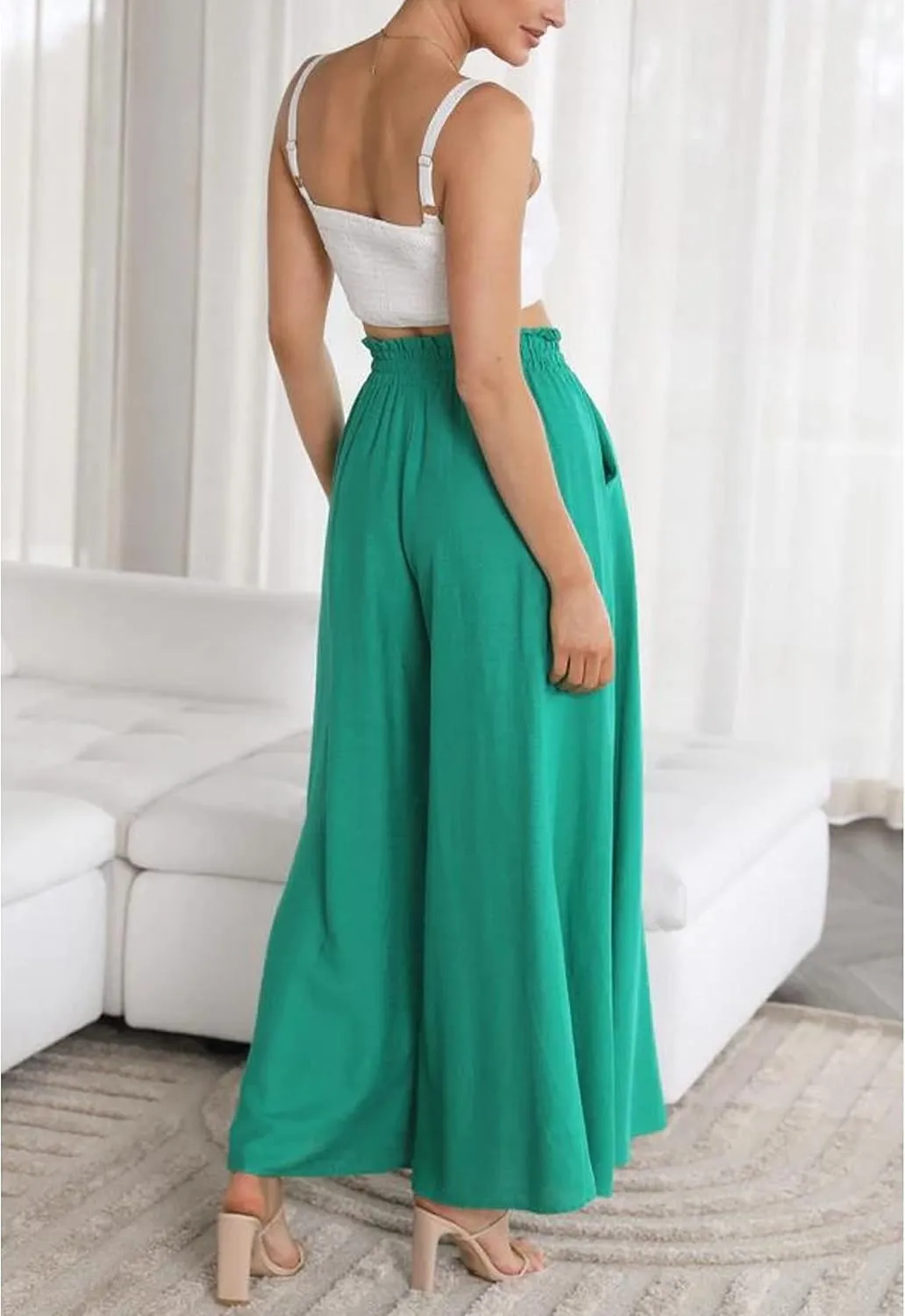 Hooever Women's Wide Leg Pants Flowy Drape Ruffle Drawstring Waist Palazzo Pants