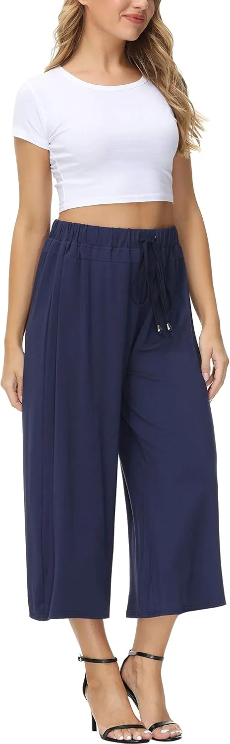 HOW'ON Women's Elastic Waist Wide Leg Casual Palazzo Capri Culottes Pants Soft Knit Cropped Pants