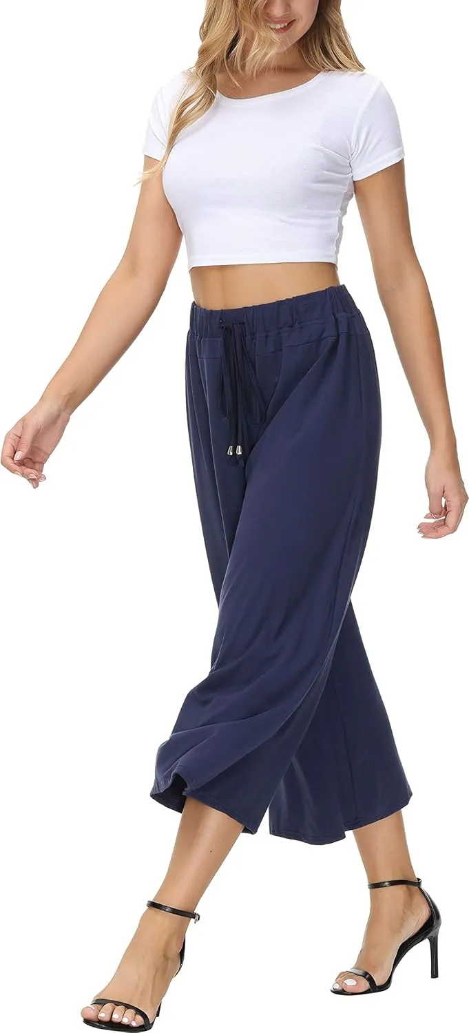 HOW'ON Women's Elastic Waist Wide Leg Casual Palazzo Capri Culottes Pants Soft Knit Cropped Pants