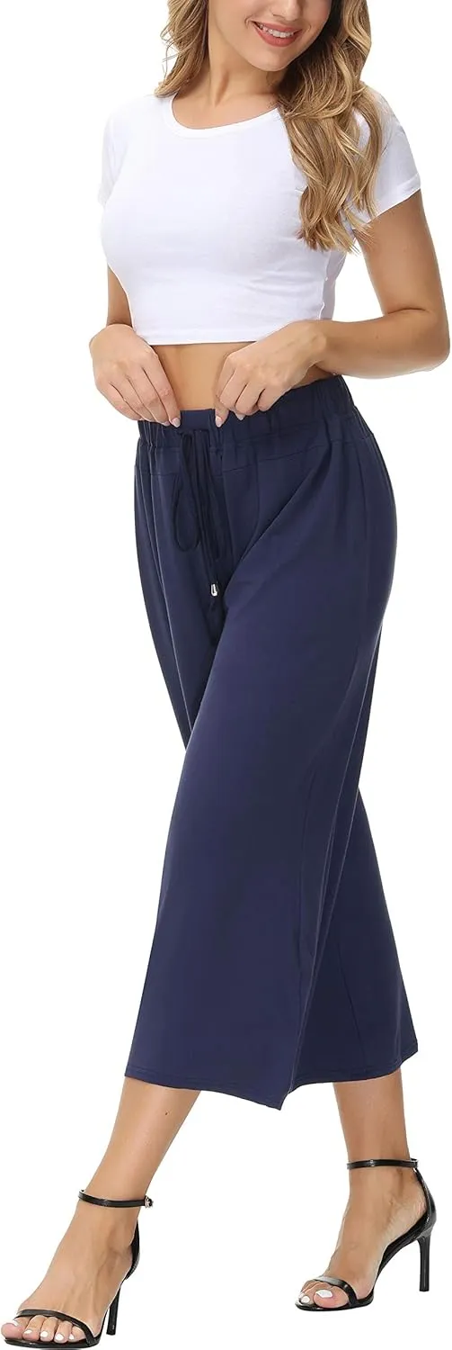 HOW'ON Women's Elastic Waist Wide Leg Casual Palazzo Capri Culottes Pants Soft Knit Cropped Pants