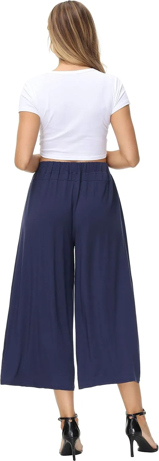 HOW'ON Women's Elastic Waist Wide Leg Casual Palazzo Capri Culottes Pants Soft Knit Cropped Pants