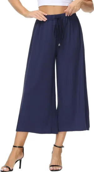 HOW'ON Women's Elastic Waist Wide Leg Casual Palazzo Capri Culottes Pants Soft Knit Cropped Pants