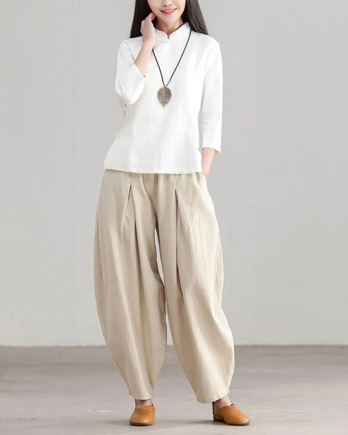 IXIMO Women's Casual Cotton Linen Baggy Pants with Elastic Waist Relax Fit Lantern Trouser