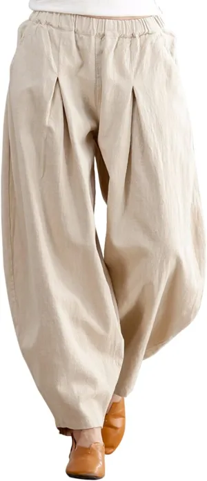 IXIMO Women's Casual Cotton Linen Baggy Pants with Elastic Waist Relax Fit Lantern Trouser