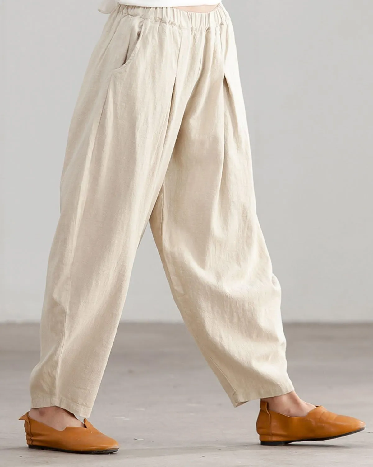 IXIMO Women's Casual Cotton Linen Baggy Pants with Elastic Waist Relax Fit Lantern Trouser