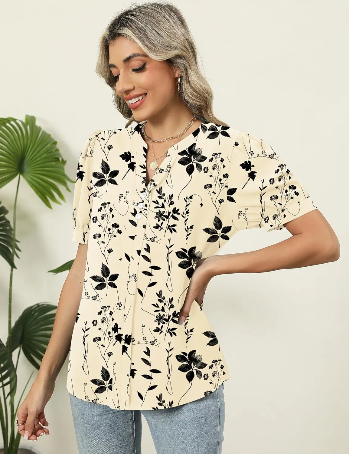 Kistore Womens Tops Dressy Casual Summer Chiffon Blouses V Neck Puff Sleeve Shirts Work Tops
