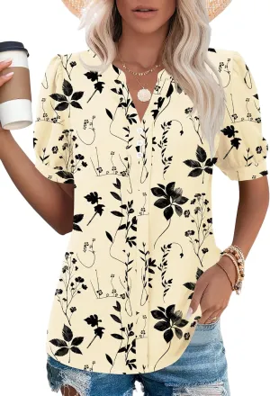 Kistore Womens Tops Dressy Casual Summer Chiffon Blouses V Neck Puff Sleeve Shirts Work Tops