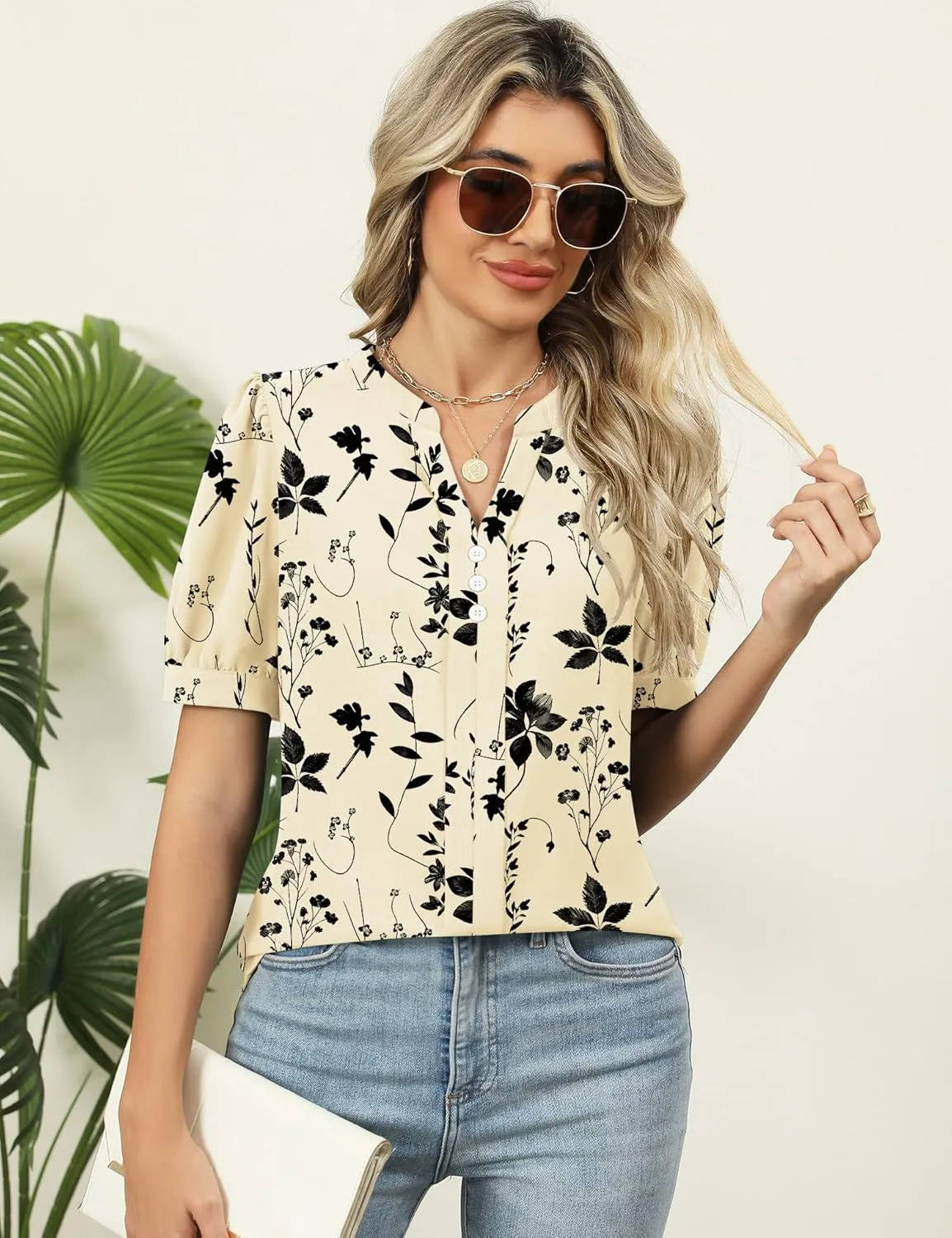 Kistore Womens Tops Dressy Casual Summer Chiffon Blouses V Neck Puff Sleeve Shirts Work Tops