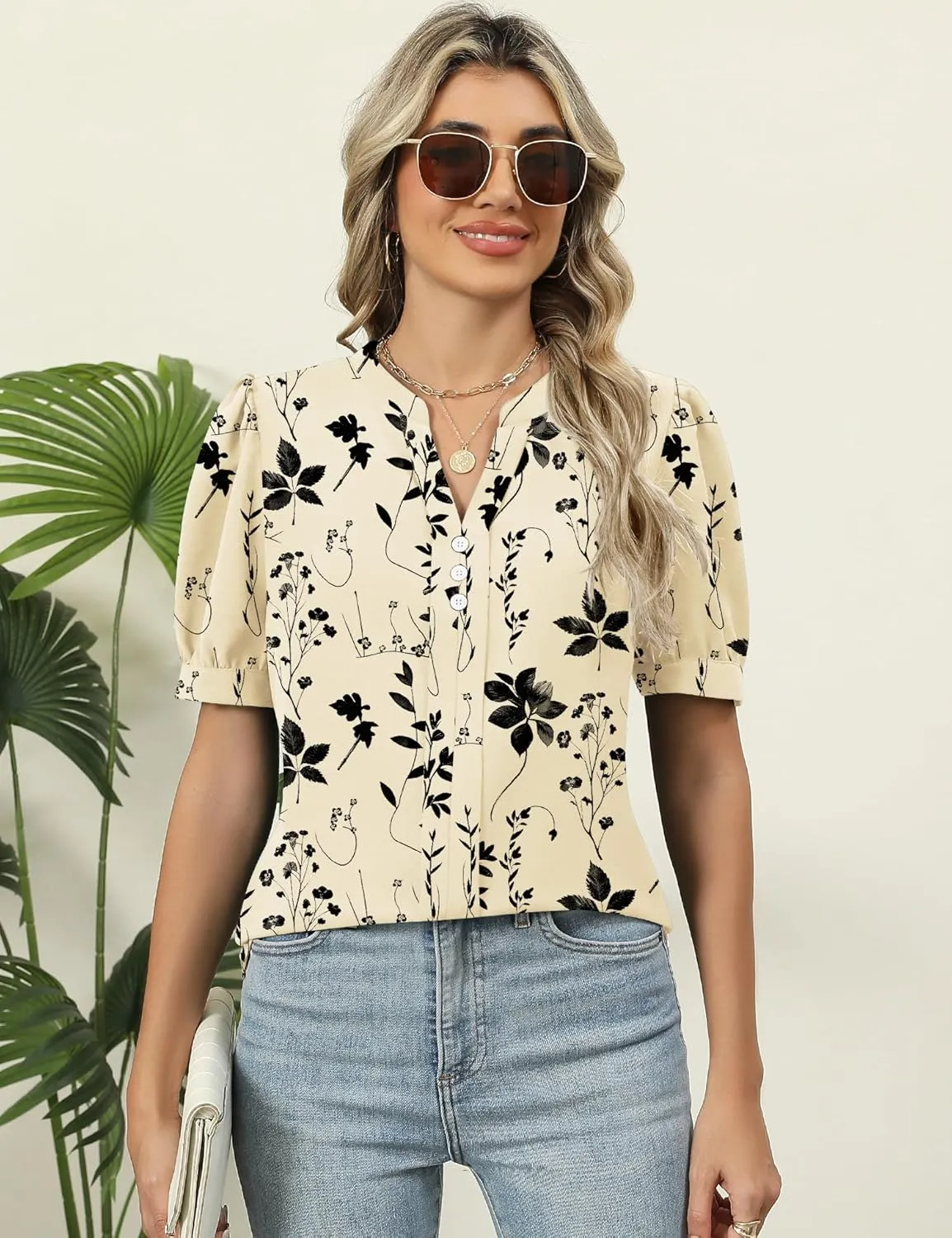 Kistore Womens Tops Dressy Casual Summer Chiffon Blouses V Neck Puff Sleeve Shirts Work Tops